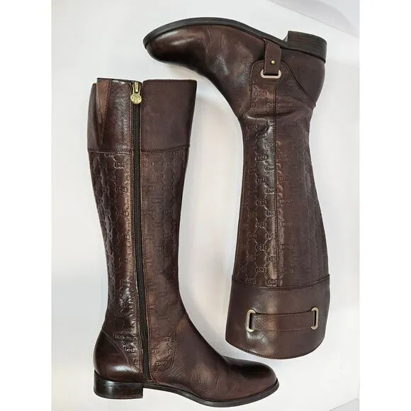 Etienne‎ Aigner Designer Leather Embossed LOGO Brown Tall Riding Boots Size 6.5M