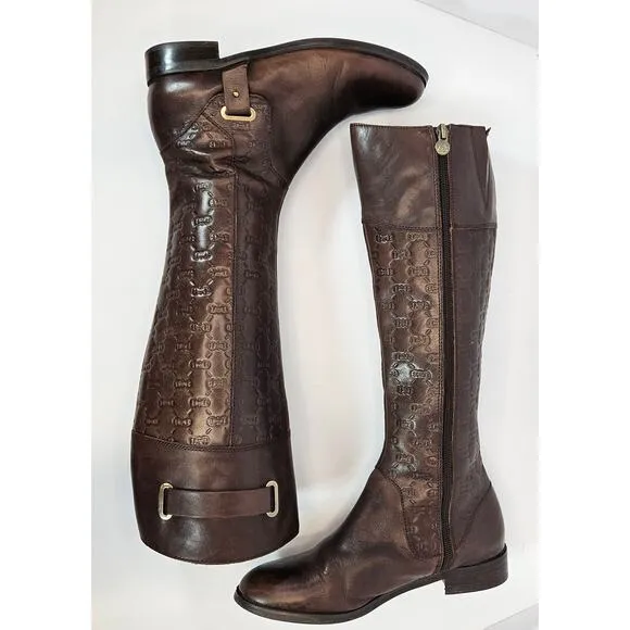Etienne‎ Aigner Designer Leather Embossed LOGO Brown Tall Riding Boots Size 6.5M