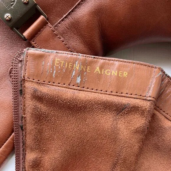 Etienne Aigner English Tan Leather Riding Boots Size 9M Buckle Detail