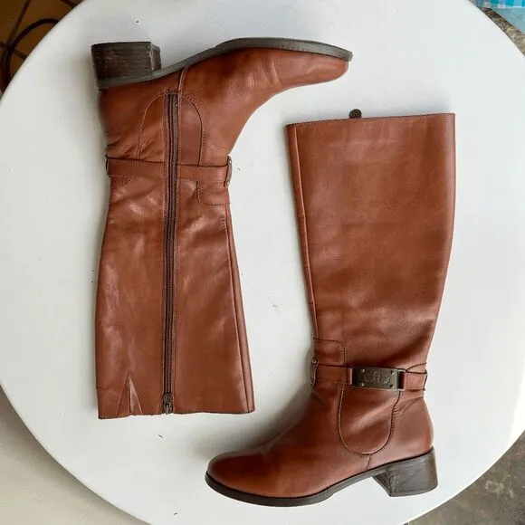 Etienne Aigner English Tan Leather Riding Boots Size 9M Buckle Detail