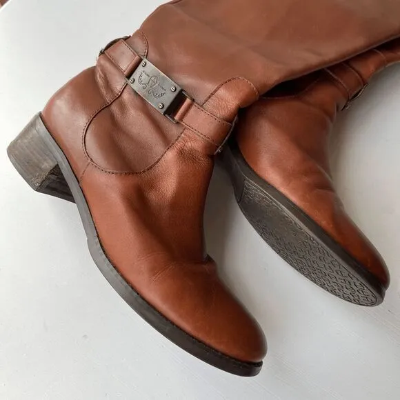 Etienne Aigner English Tan Leather Riding Boots Size 9M Buckle Detail