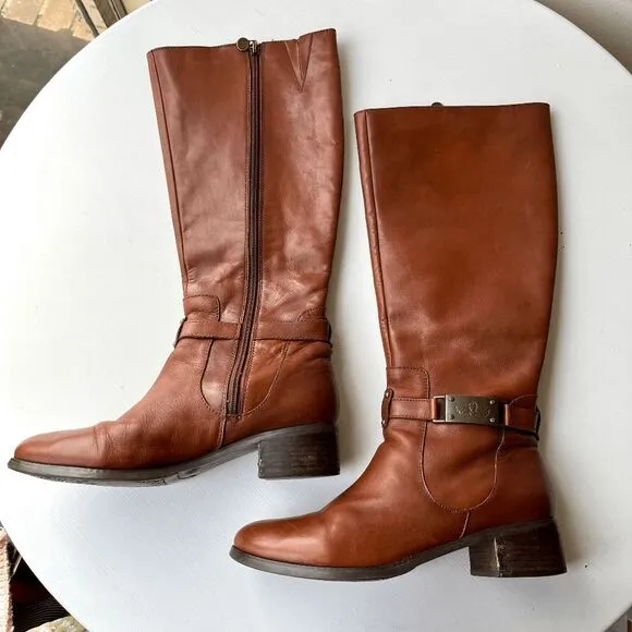 Etienne Aigner English Tan Leather Riding Boots Size 9M Buckle Detail