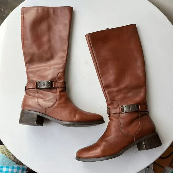 Etienne Aigner English Tan Leather Riding Boots Size 9M Buckle Detail
