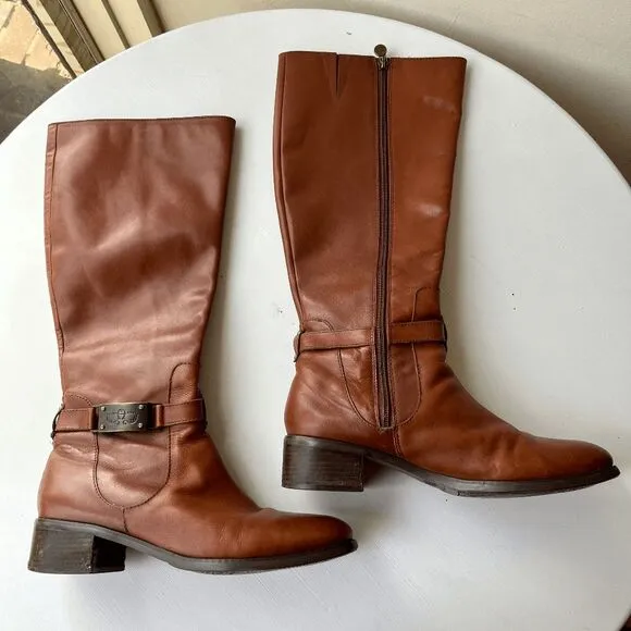 Etienne Aigner English Tan Leather Riding Boots Size 9M Buckle Detail