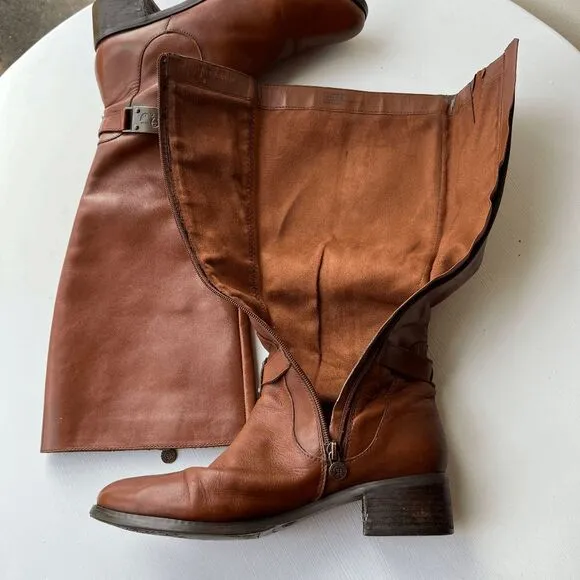 Etienne Aigner English Tan Leather Riding Boots Size 9M Buckle Detail