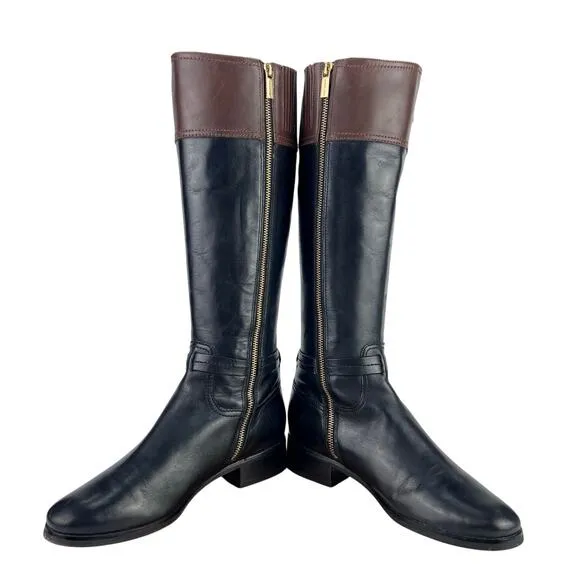 EUC Michael Kors Stockard Black/Brown Equestrian Leather Two-Tone TALL Boots 9