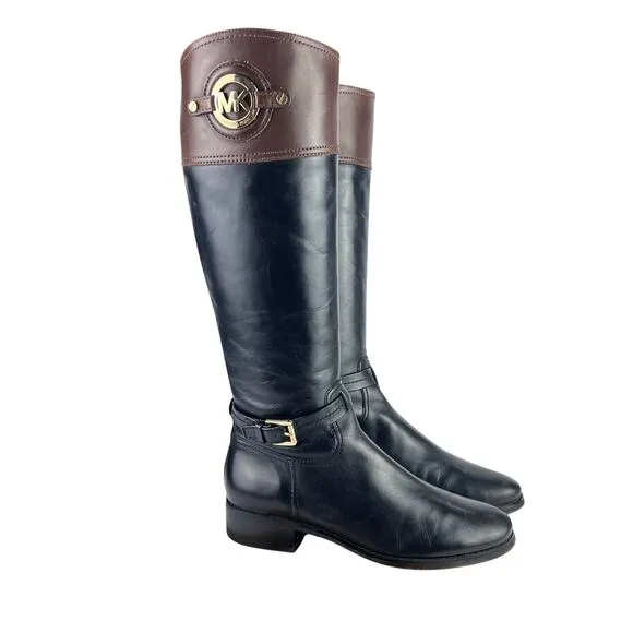 EUC Michael Kors Stockard Black/Brown Equestrian Leather Two-Tone TALL Boots 9