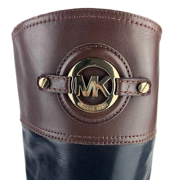 EUC Michael Kors Stockard Black/Brown Equestrian Leather Two-Tone TALL Boots 9
