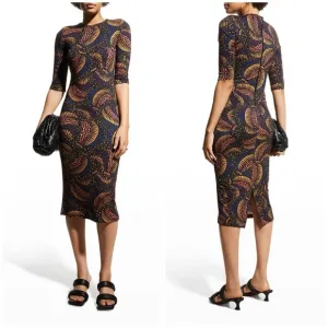 FARM Rio Black Wild Bananas Jersey Midi Dress 3/4 Sleeve Fitted Size XS