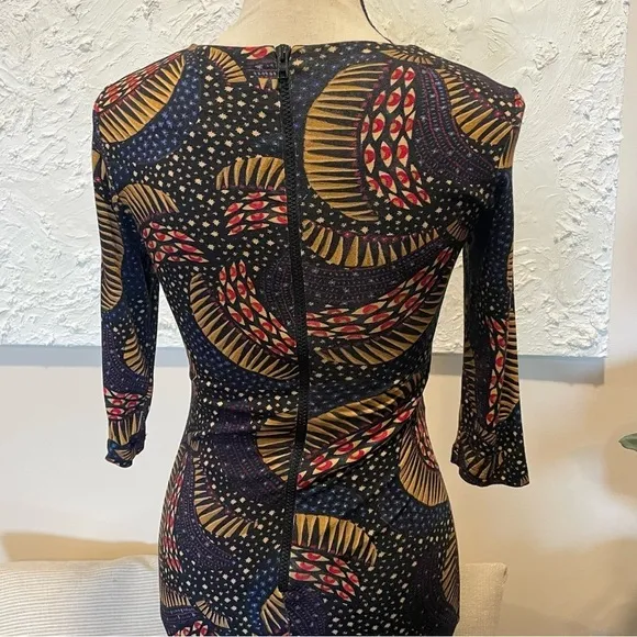 FARM Rio Black Wild Bananas Jersey Midi Dress 3/4 Sleeve Fitted Size XS