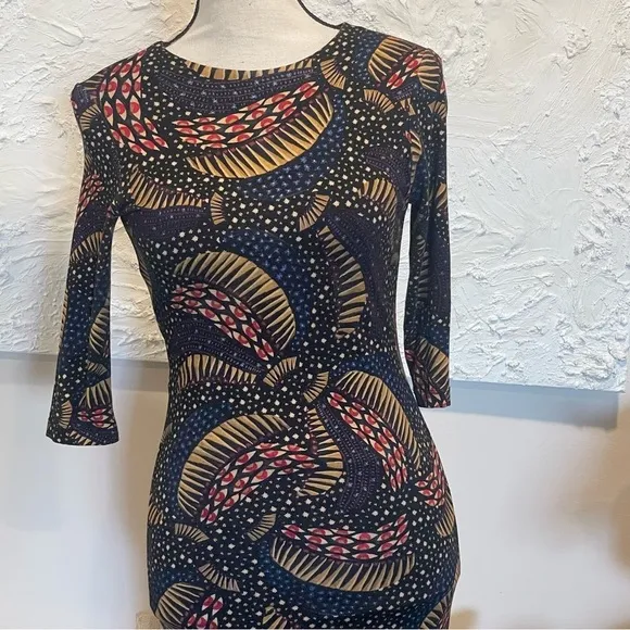 FARM Rio Black Wild Bananas Jersey Midi Dress 3/4 Sleeve Fitted Size XS