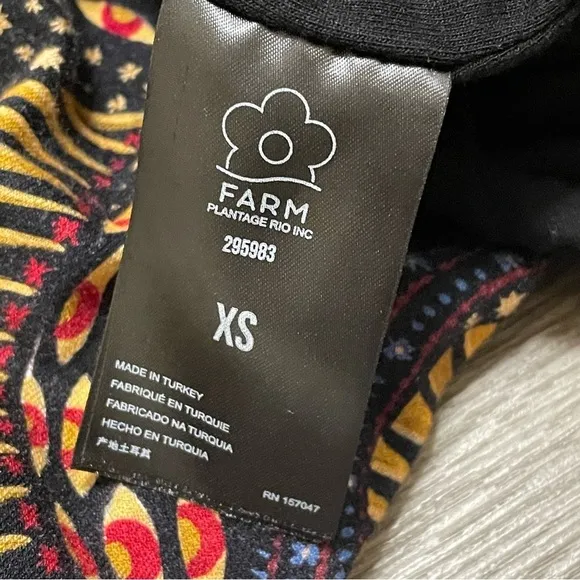 FARM Rio Black Wild Bananas Jersey Midi Dress 3/4 Sleeve Fitted Size XS