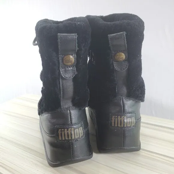 FitFlop 6 Superblizz Shearling Winter Snow Boots Mukluk Fur Tie Lace Up