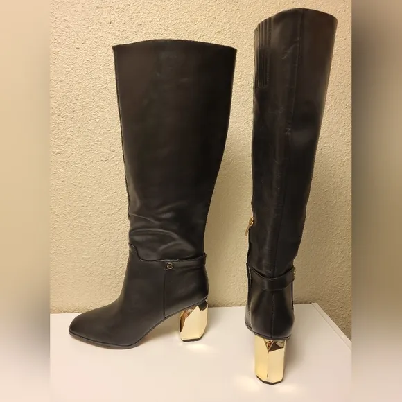 Franco Sarto Black &amp; Gold Tiera High Leather Heeled Boots Size 10M