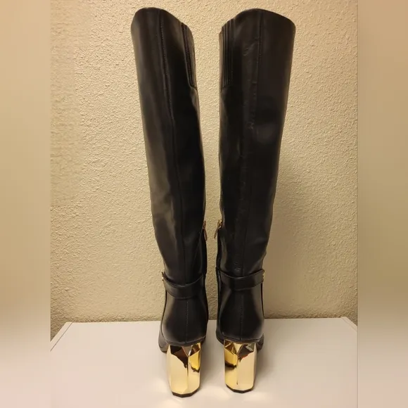 Franco Sarto Black &amp; Gold Tiera High Leather Heeled Boots Size 10M
