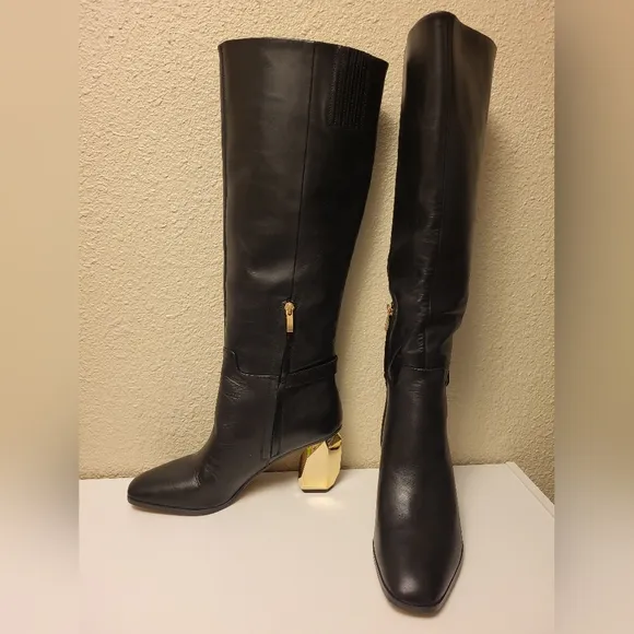 Franco Sarto Black &amp; Gold Tiera High Leather Heeled Boots Size 10M