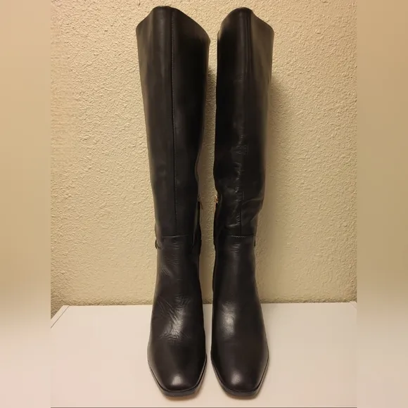 Franco Sarto Black &amp; Gold Tiera High Leather Heeled Boots Size 10M