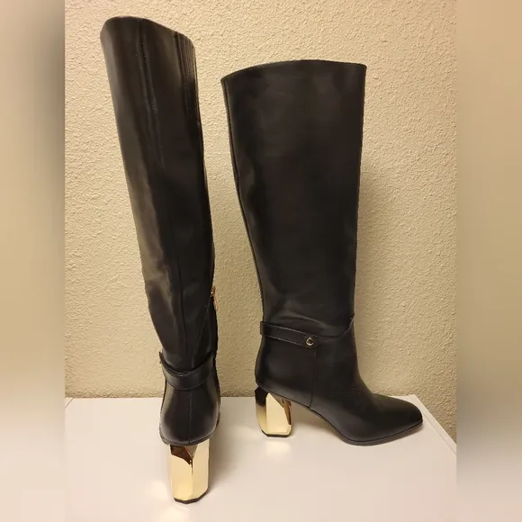 Franco Sarto Black &amp; Gold Tiera High Leather Heeled Boots Size 10M