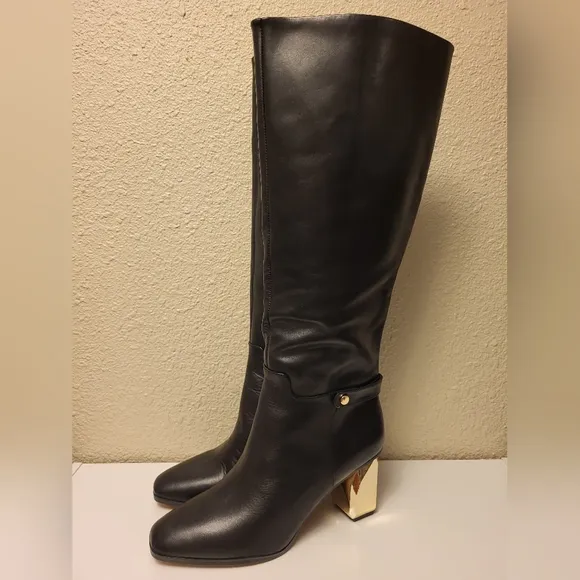 Franco Sarto Black &amp; Gold Tiera High Leather Heeled Boots Size 10M