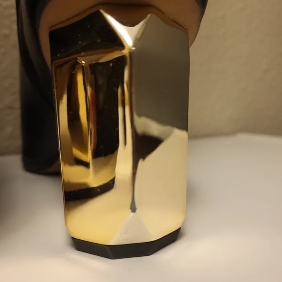 Franco Sarto Black &amp; Gold Tiera High Leather Heeled Boots Size 10M