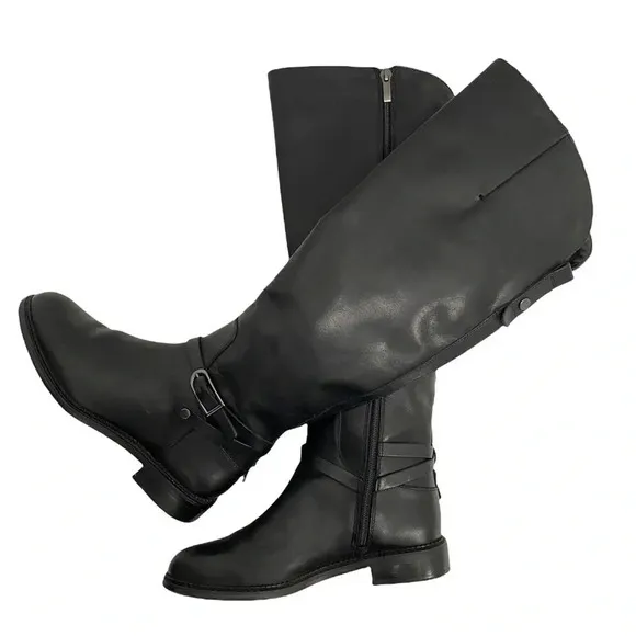 Franco Sarto Hadley Black Leather Tall Riding Boots Equestrian Flat Buckle 6.5