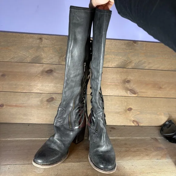 free bird coal womens size 9 shoes black leather knee high heel tall riding boot