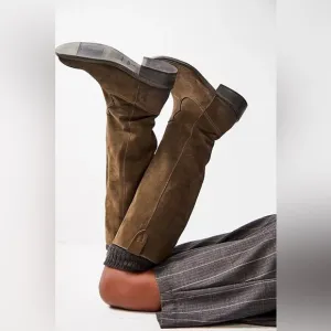 Free People Arya Olive Green Suede Knee High Riding Campus Boots Shoes sz 8/38