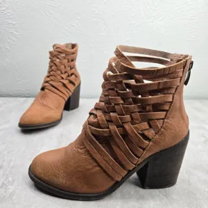 Free People Bohemian Ankle Booties Sz 7 Brown Leather Block Heel Western Boots