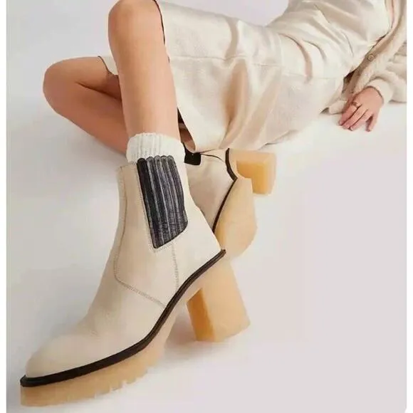Free People James Chelsea Boot •EUR 38 US 8• Cream White Chunky Heel Leather