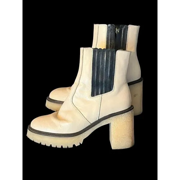 Free People James Chelsea Boot •EUR 38 US 8• Cream White Chunky Heel Leather