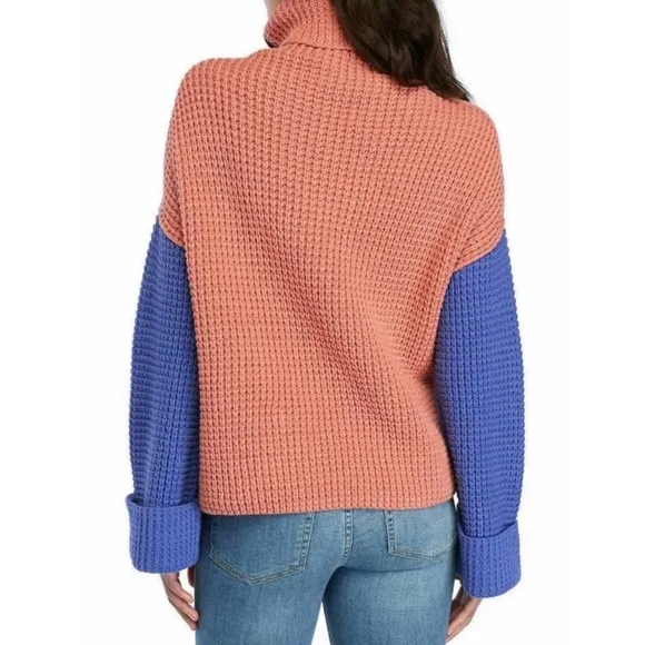 Free People Park City Chunky Knit Turtleneck Pullover Sweater, Color Block - S