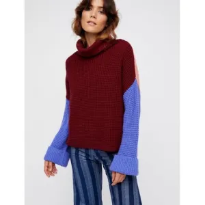 Free People Park City Chunky Knit Turtleneck Pullover Sweater, Color Block - S