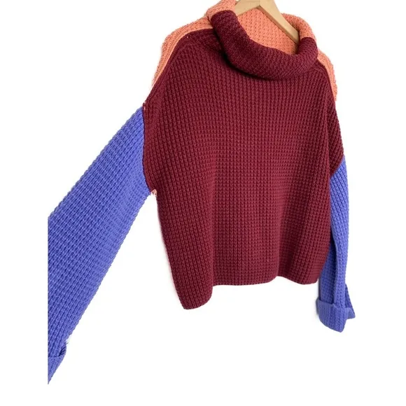 Free People Park City Chunky Knit Turtleneck Pullover Sweater, Color Block - S