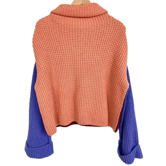 Free People Park City Chunky Knit Turtleneck Pullover Sweater, Color Block - S