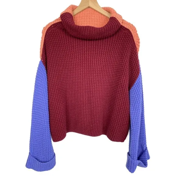 Free People Park City Chunky Knit Turtleneck Pullover Sweater, Color Block - S