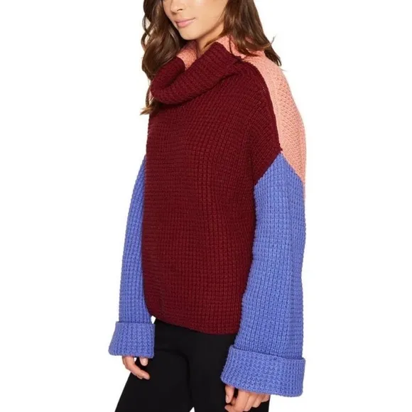Free People Park City Chunky Knit Turtleneck Pullover Sweater, Color Block - S