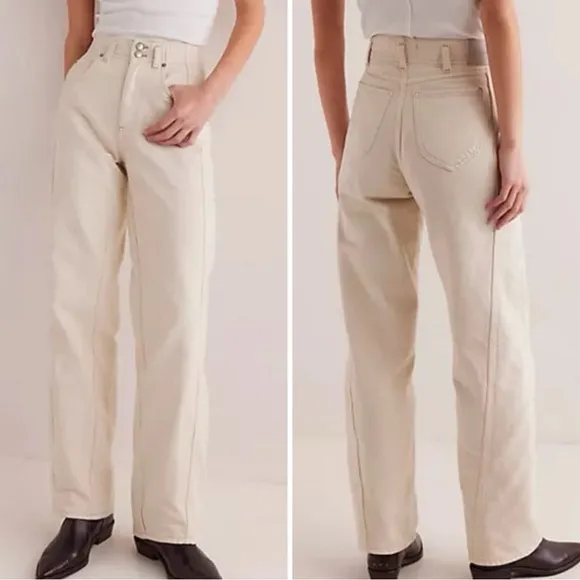 Free People We The Free Aster Ivory Denim Wide Straight Leg Jeans 32 NWT $98