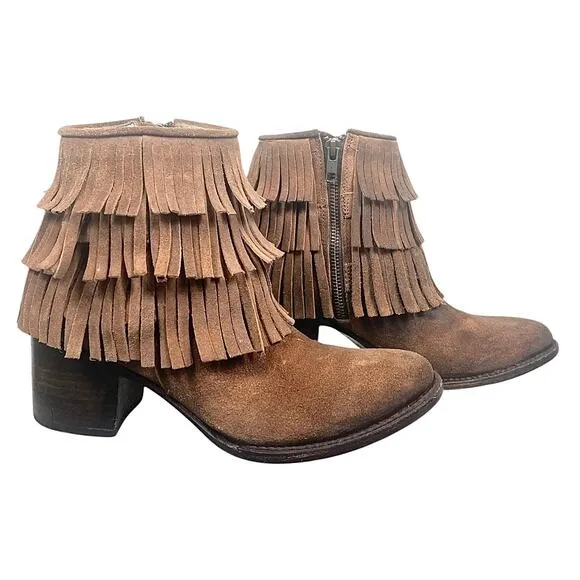 Freebird Belle Fringe Leather Booties Brown Size 7 Rodeo Western Cowgirl Boho