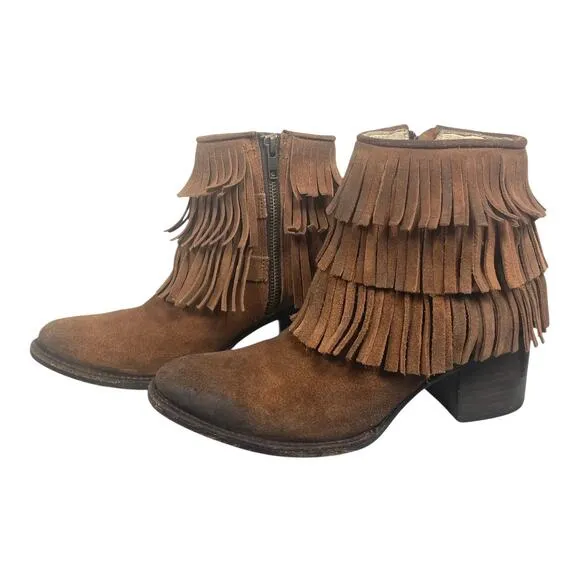 Freebird Belle Fringe Leather Booties Brown Size 7 Rodeo Western Cowgirl Boho