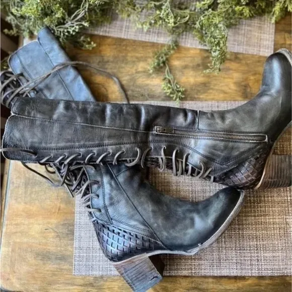 Freebird by Steven Carver Olive Boots Size 9 Snakeskin Lace Up Knee High Boots