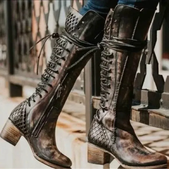 Freebird by Steven Carver Olive Boots Size 9 Snakeskin Lace Up Knee High Boots