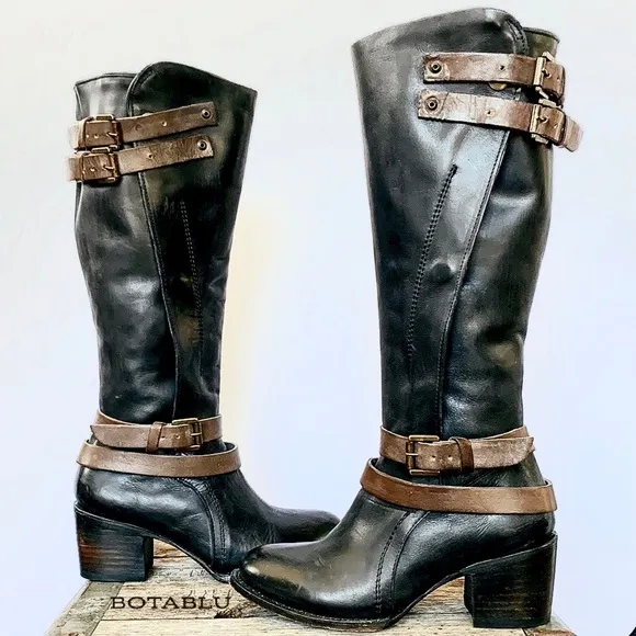 FREEBIRD BY STEVEN Clive Black Brown Strappy Buckle Tall Knee High Boho Boots 7