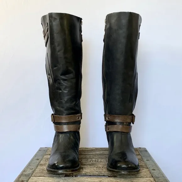 FREEBIRD BY STEVEN Clive Black Brown Strappy Buckle Tall Knee High Boho Boots 7