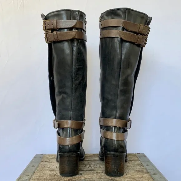 FREEBIRD BY STEVEN Clive Black Brown Strappy Buckle Tall Knee High Boho Boots 7