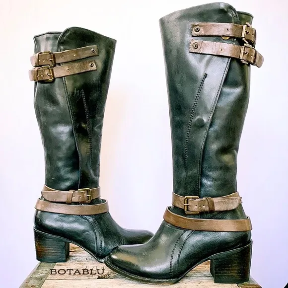 FREEBIRD BY STEVEN Clive Black Brown Strappy Buckle Tall Knee High Boho Boots 7
