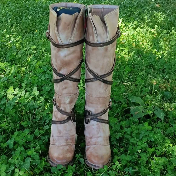 Freebird by Steven Cream and Brown Heeled Boots with Rustic Straps