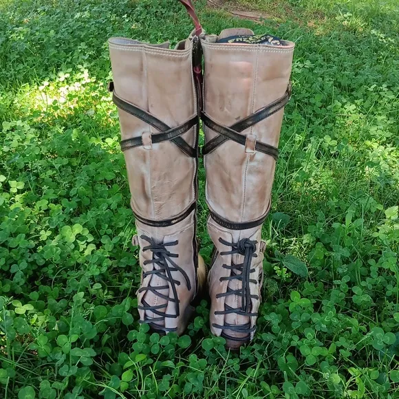 Freebird by Steven Cream and Brown Heeled Boots with Rustic Straps