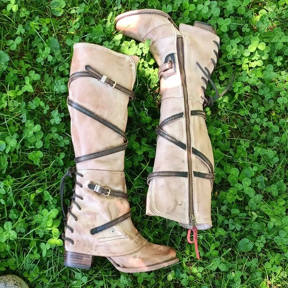 Freebird by Steven Cream and Brown Heeled Boots with Rustic Straps
