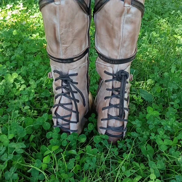 Freebird by Steven Cream and Brown Heeled Boots with Rustic Straps