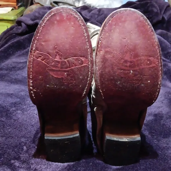 Freebird by Steven Cream and Brown Heeled Boots with Rustic Straps